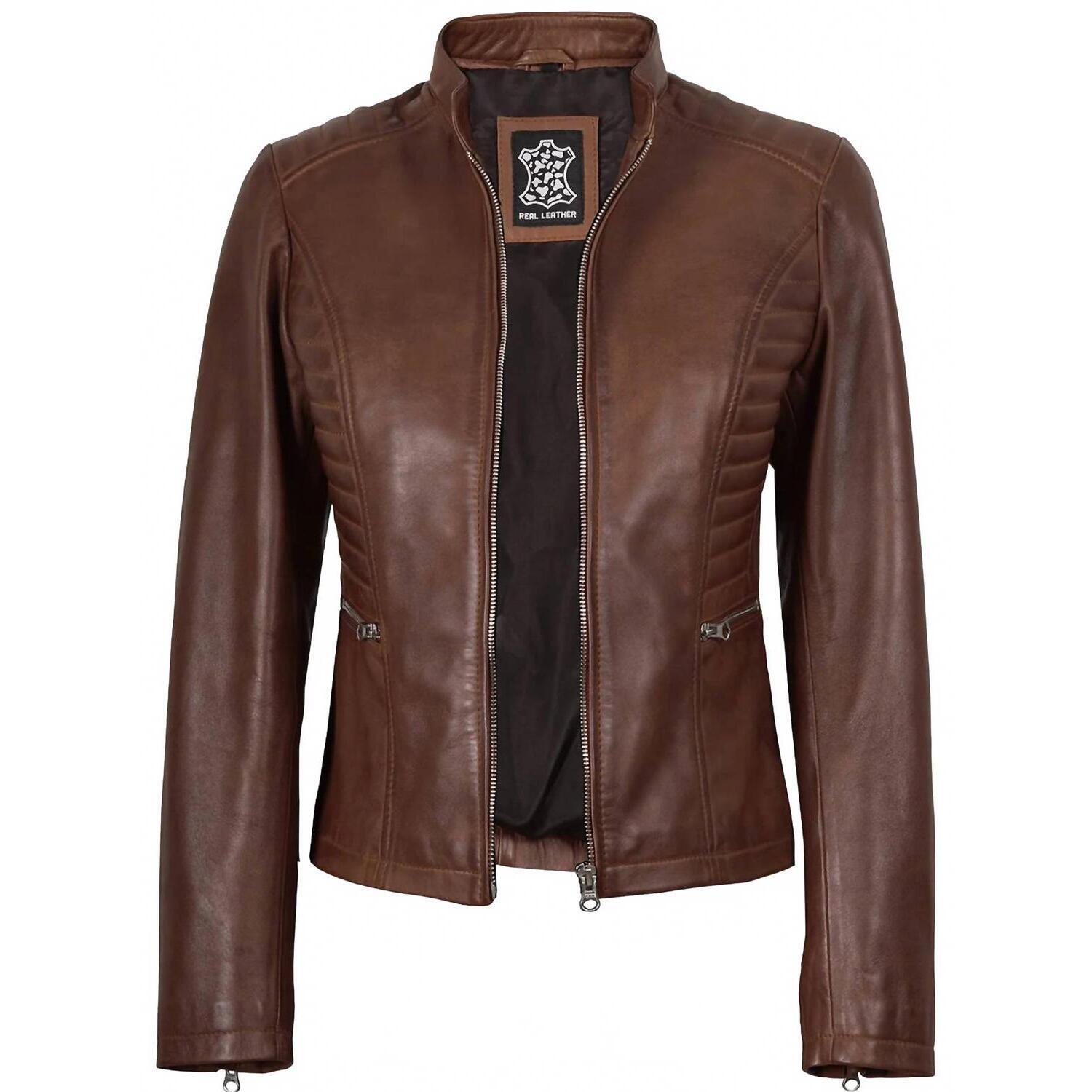 New Decrum Women's Rachel Biker Style Leather Jacket In Cognac Brown